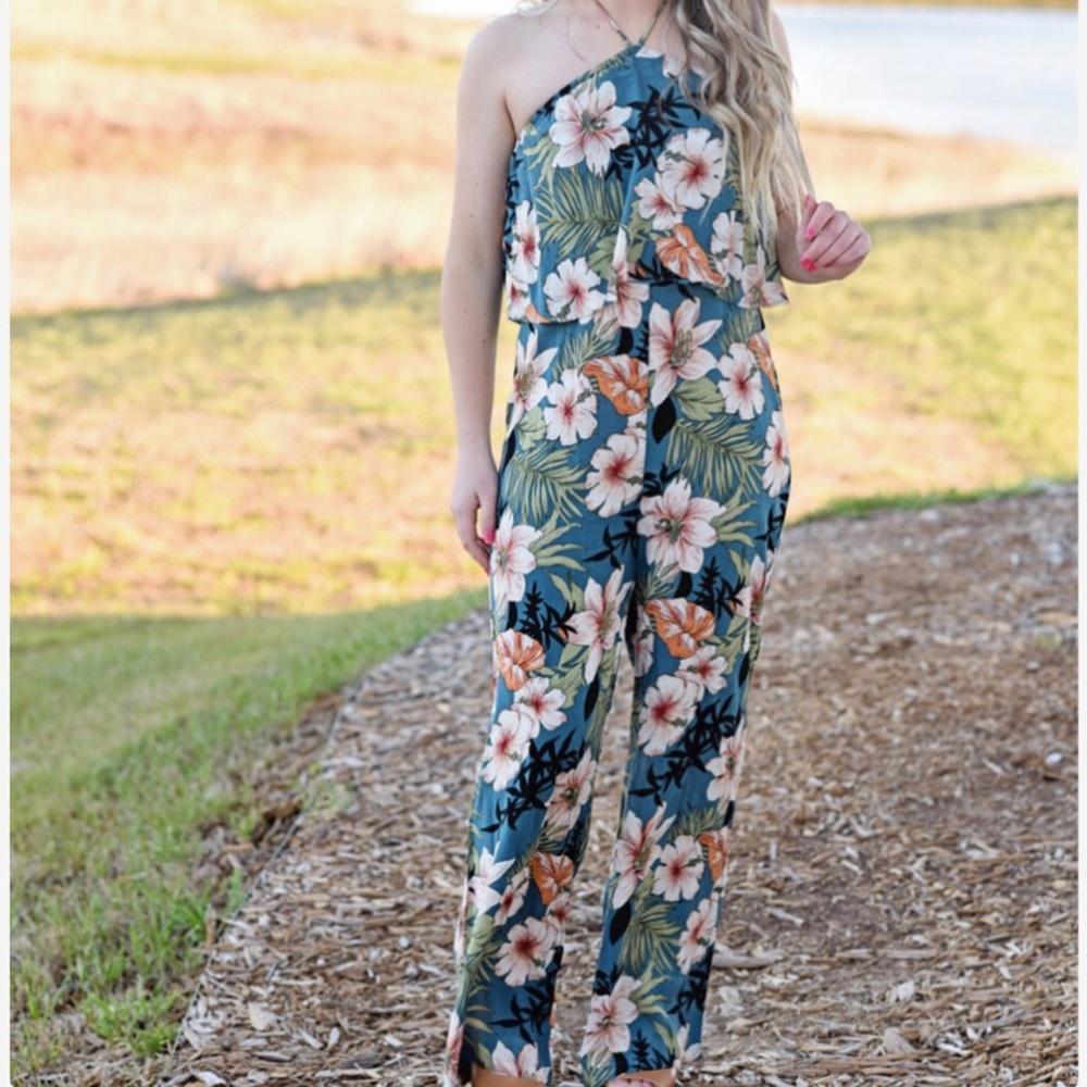 Haley Halter Jumpsuit Romper - Blue Tropical